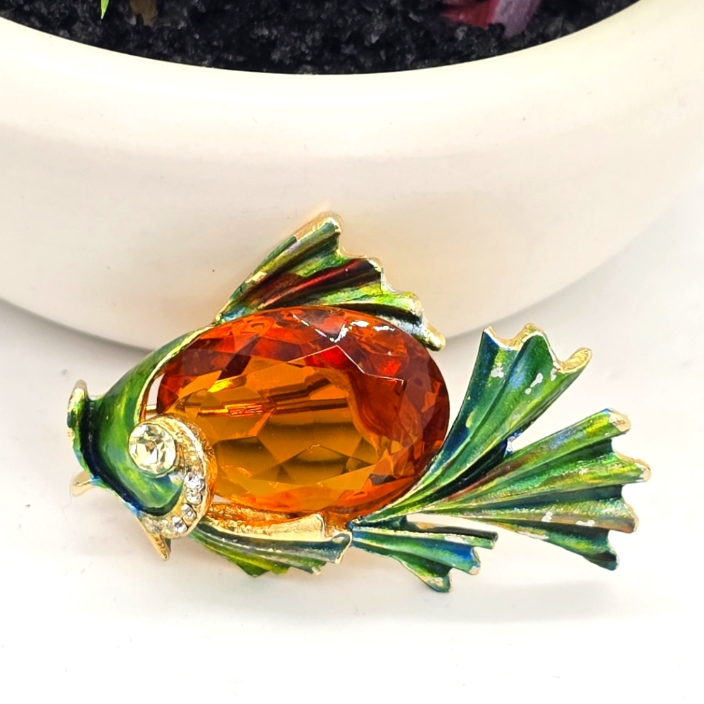 Vintage Orange & Green Goldtone Jelly Belly Rhinestone Fish Pin Brooch 50s - 60s